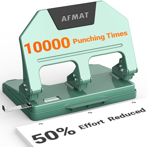 Image of AFMAT 3 Hole Punch, 9 /32 inch Holes, 40-Sheet 3 Hole Puncher for Binder, 50% Reduced Effort, Metal Heavy Duty Three Hole Punch w / 10,000+ Uses, Bulit-in S.S. Paper Guide, Large Chip Tray, Green, HPX3