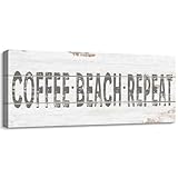 Retro Coffee Beach Repeat Sign Shabby Chic Coastal Bar Decor Inspirational Words Prints on Wood Grain Canvas Country Seaside Coffee Shop Pub Store Decoration Summer Beach House Supplies 6x17inch