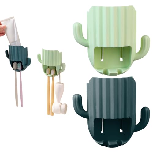 Image of HASTHIP 2Pcs Bathroom Toothbrush Holder, Self-Adhesive Toothpaste Holder, Toothbrush Holders for Bathroom Wall, Dual Toothbrush Slots, Cartoon Cactus Toothpaste Storage Holder, Green & Blue