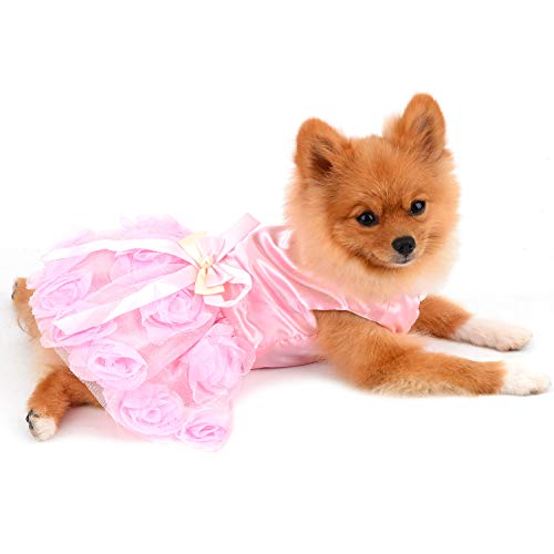 PAIDEFUL Haustierkleid für Kleine Hunde Katzen Mädchen Sommer Luxus Welpen Hochzeitskleid Rose Blume Spitze Tutu Rock Seidig Bowknot Geburtstags Party Kleid Hundekleid Chihuahua Kleidung Pink L