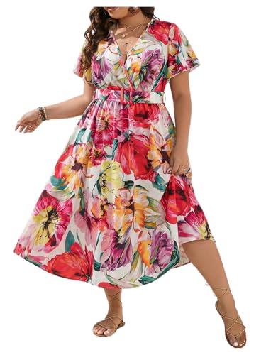 Image of Floerns Women's Plus Size Boho Floral V Neck Short Sleeve A Line Long Dress