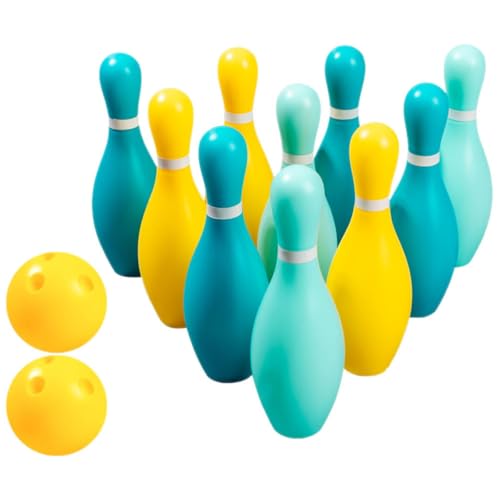 Veemoon Juego de Bolos 19 Cm, 10 Pines de Plástico y 2 Bolas, Juguetes para Interior y Exterior, Adecuado 4 a 6 Años y Actividades Deportivas Familiares