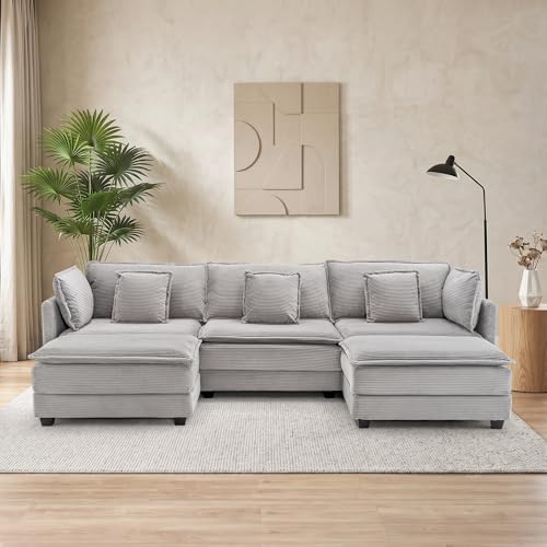 Image of Corduroy Sectional Couch, 3 Seater 113 inch U Shaped Cloud Couch with 2 Ottomans, Modular Deep Seat Sofa with Pillows for Living Room, Apartment, Lightgrey