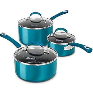MICHELANGELO Sauce Pan Sets, Enamel Sauce Pan with Lid, 1Qt & 2Qt & 3Qt Saucepans with Lids, Nonstick Saucepan Set, Small Pot with Lid, Non Stick Sauce Pots with Silicone Handle, Oven Safe, Cyan