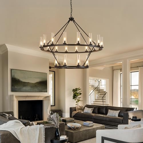 Image of 48 Inch Large Black Wagon Wheel Chandelier with Clear Glass Shade 2 Tier 24-Lights Round Pendant Light Farmhouse Industrial Chandeliers Dining Room Light Fixture for Stair Living Room Foyer