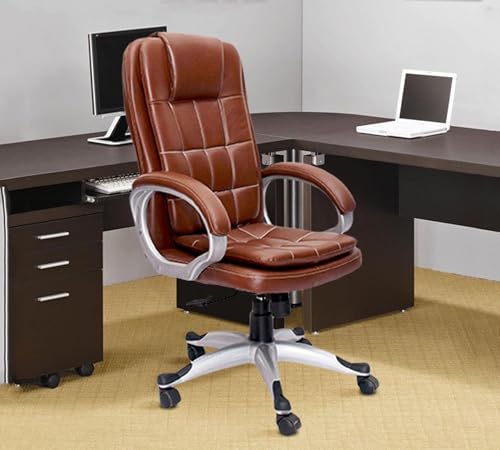Image of High Back PU Leatherette Chair |Adjustable Height Chair| Executive & Director Chair | Nylon Handle & Wheel Base | Revolving Chair |Top Office Chair - (111012136 TanBrown)