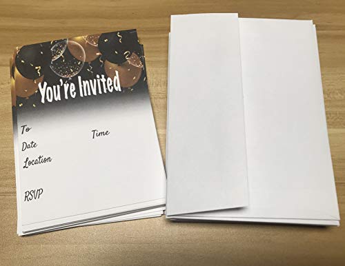 Qualityvibe Black & Gold Balloons Invitations Set Of 25 With Envelopes. Invites For Anniversaries, Birthdays, Sweet 16, Bridal Showers, Baby Showers, Milestones Birthdays And More. #TOP1