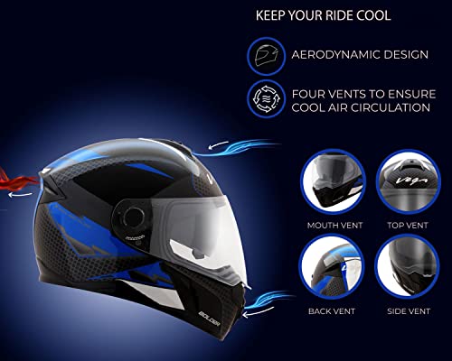 Vega Ryker Bolder ISI Certified Gloss Finish Full Face Dual Visor Helmet for Men and Women Outer Clear Visor and Inner Smoke Sun Visor(Black Blue, Size:L)