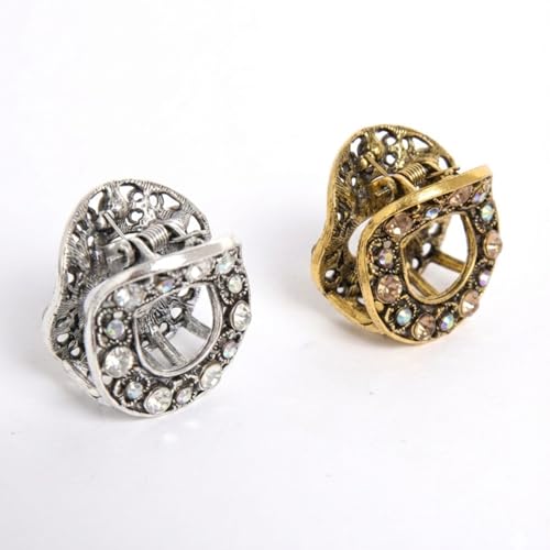 Image of Radhu & Kabby Metal Round Stone Hair Claw Clip Pack | Silver & Gold Small Crystal Claw Clips for Women | Strong Grip Vintage Rhinestone Hair Accessories | Pack of 2