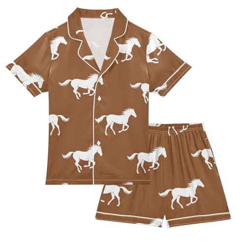 Satin Pajama Sets Short Sleeve Brown Background with Horses Button Down Silky Nightwear 2 Piece PJS 5-14Y