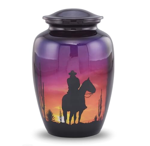 Image of Cowboy Cremation Urn for Human Ashes - Western Sunset Horse & Rider Urn - Beautiful Adult Funeral & Memorial Urn up to 210 lbs with Velvet Bag (Large)