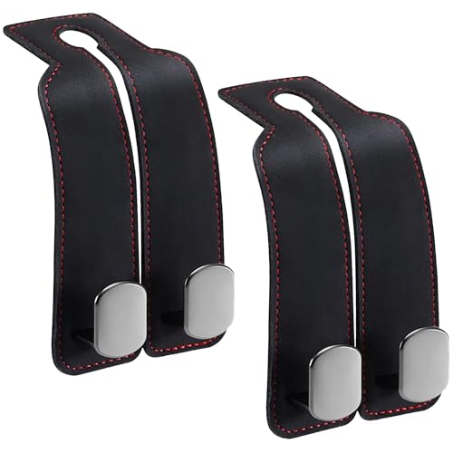 SEATHAVEN 2 Pack Double Car Purse Hook Holds Up to 25 kg / 55 lbs XL Faux Leather with Durable Metal Hook (2.7x2cm) – Perfect Headrest Hooks for Car to Organize Bags and Essentials (Black)
