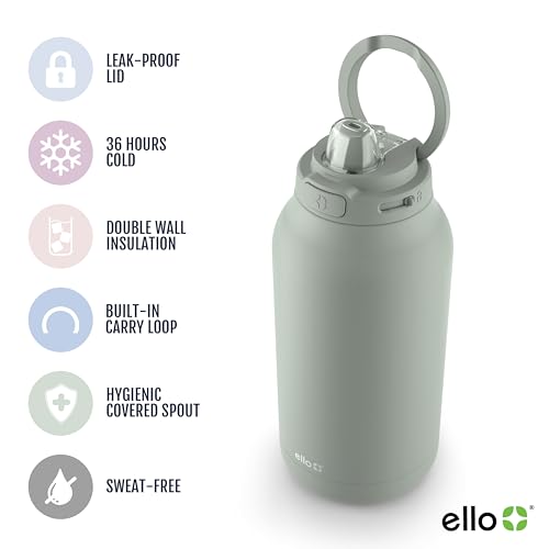 Image of Ello Hydra 64oz Stainless Steel Water Jug with Locking Leak Proof Lid | Reusable Half Gallon Vacuum Insulated Metal Bottle with Silicone Straw, Keeps Drinks Cold All Day, Gift Ready, Sage