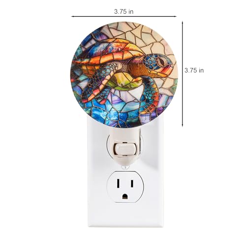 Image of Sea Turtle Stained Glass Styled Night Light - Real Glass Plug-in Wall Light with Warm Glow for Bathroom, Bedroom, or Hallway, Coastal Ocean Beach Home Decor