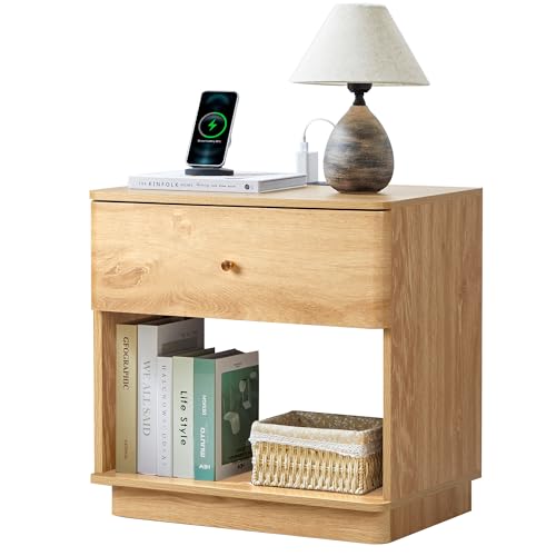 Nightstand with Charging Station, 23" Wide End Table with Drawer,
