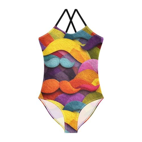 KLL Art Decor Mustache Pattern Retro Happy Fathers Day Girls 1-Piece Bathing Suit Summer Swimwear Adjustable Strap UPF 50+