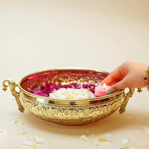 Image of BEHOMA Ethnic Peacock Carved Brass Urli Bowl, 9.5 inch | Ethnic peacock-carved brass urli bowl, 9.5 inch; golden centerpiece for Diwali & Navratri decor, 1000ml.