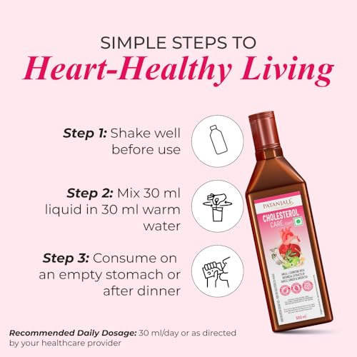 Image of Patanjali Cholesterol Care Liquid | Heart Health Supplement with Amla, L-Carnitine & Garlic | Plant-Based & Vegetarian | 500ml (Pack of 2)
