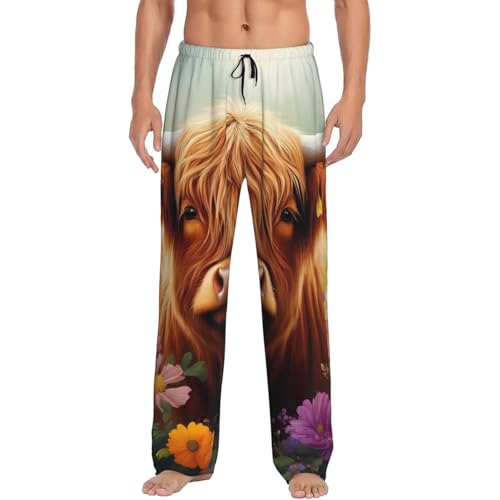 Countryside Colorful Floral Cow Pattern Men's Pajama Pants Lightweight Lounge Sleepwear Bottoms with Pockets ()3