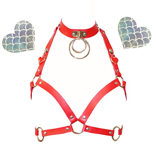 Sujetador de piel sintética con correas rojas ajustables y diseño geométrico de jaula punk