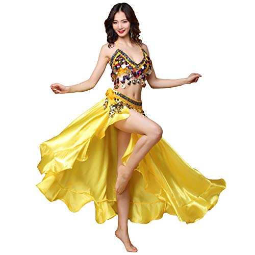 Munafie Belly Dance Skirt Satin Split Side Long Skirts For Women Yellow #TOP1