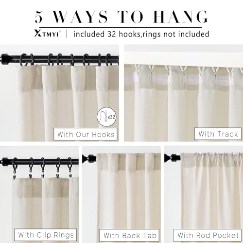 Image of XTMYI Beige 100 Inches Long Country Curtains for Living Room,Sheer Linen Shabby Chic Curtains for Bedroom,50 Inches Wide