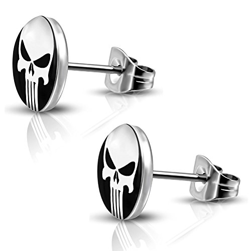 Stainless Steel Punisher Skull Round Circle Button Stud Post Earrings
