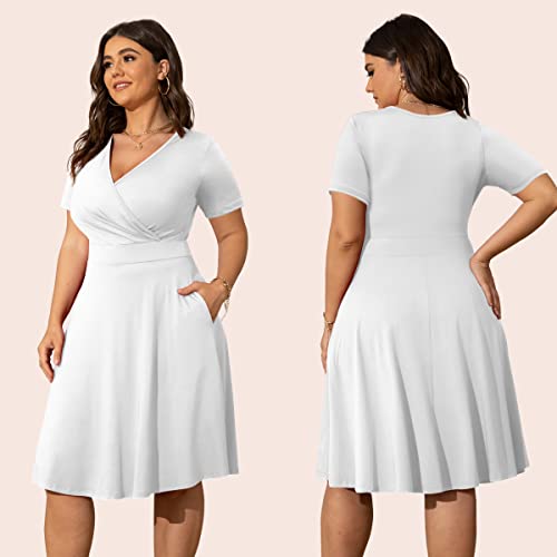 Image of POSESHE Womens Plus Size Dresses Summer Short Sleeve Wrap V-Neck Sundress Casual Wedding Guest Cocktail Dress with Pockets