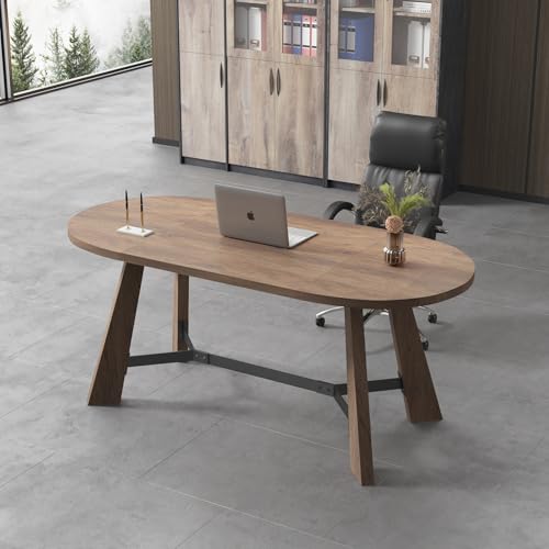 Rustic Oval Dining Table 70.86 Inches - Wood Kitchen Table Seats 6-8 - Farmhouse Style Dinner Table with Sturdy Tapered Legs - Home Furniture for Dining Room, Kitchen, Living Space (Brown) - Thumbnail 7