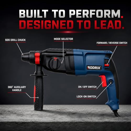 Image of RODRIX RD26 Rotary Hammer Drill Machine, 1600W Copper Motor, 1100 RPM, 4900 BPM, 26mm SDS Plus Chuck, 3 Modes, Forward & Reverse Function, Drill Bits & Chisels Included, 6 Months Warranty