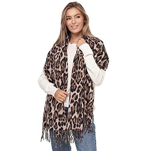 Glamexx24 Damen XXL Schal Kuscheliger warmer Leoparden Muster 3 farbiger Fransen Poncho Schal Oversized Deckenschal