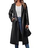 xxxiticat Women's Leather Trench Coat Long Sleeve Open Front Motorcycle Lapel Belted Tie Long Black Faux Leather Jacket(BL,S)