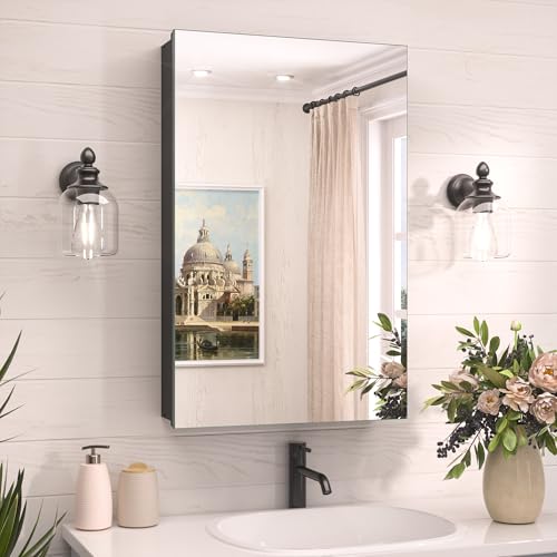 TokeShimi 16 x 26 Black Medicine Cabinet with Mirror Stepless Adjustable Amply Storage, Aluminum Mirror Medicine Cabinet Wall Mounted or Recessed for Modern Farmhouse