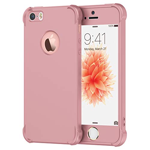 Oretech Designed For Iphone 5 / 5S / Se (2016) Case,With [2 X Tempered Glass Screen Protector] 360° Full Body For Iphone Se 1St Generation /5S/5 Cover Hard Pc Soft Silicone Rubber Case-Rosegold #TOP1