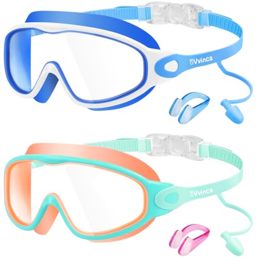 Kids Swim Goggles for 3-15, Kids Goggles with Earplugs& Nose Clip Wide View