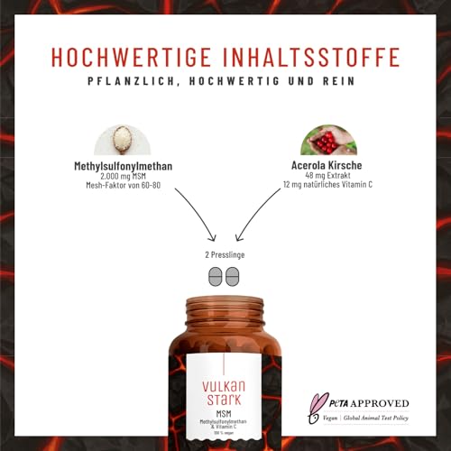 MSM Tabletten hochdosiert - 2000 mg MSM mit natürlichem Vitamin C aus Acerola - Vorrat für 4 Monate - Alternative zu MSM Kapseln - Methylsulfonylmethan vegan laborgeprüft