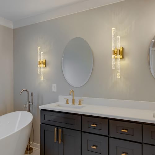 Image of Crystal Wall Sconces Set of Two LED Bathroom Vanity Light Fixtures Gold 21.25in 4000K Vertical and Horizontal Wall Mounted Sconces for Bedroom, Living Room, Hallway