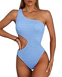 Limeeke Women Sexy Cut Out One Piece Swimsuit One Shoulder Swimwear Ribbed Textured Monokini Bathing Suit Light Blue XL