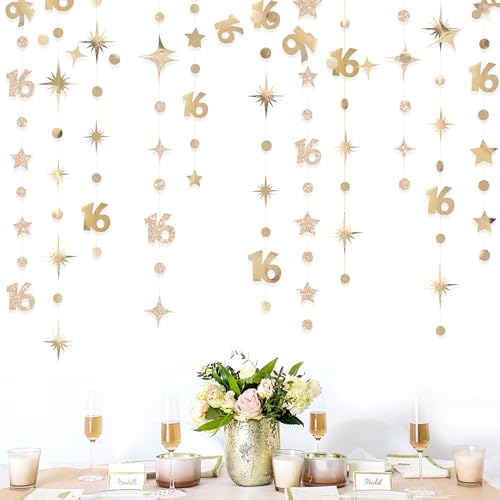 Image of Champagne Gold Number 16 Circle Dot Twinkle Star Garland Streamer Bunting Banner Backdrop Decorations for Girls Happy 16th Birthday Sweet Sixteen 16th Anniversary Cheers to 16 Years Party Decor