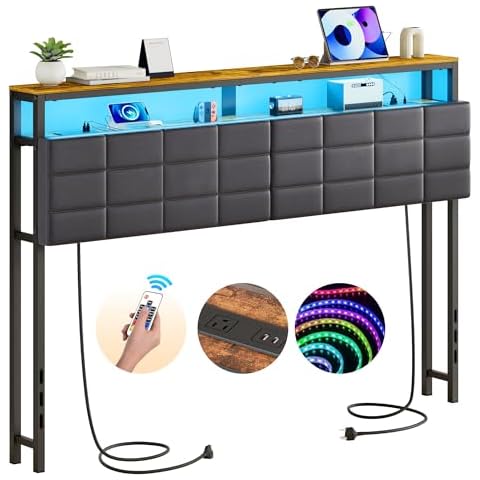 Dunatou Headboard for Queen Size Bed with Storage, Head Board with RGB LED Light and 2 Charging Stations, Leather Headboard with Shelf, Height Adjustable, Comfortable, Sturdy and Stable, Brown Cover