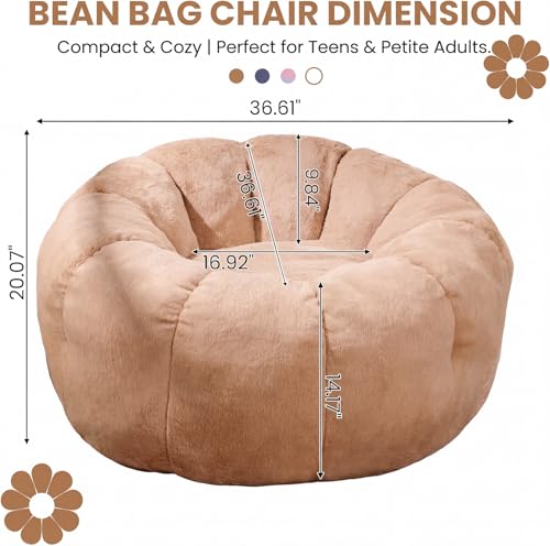 Image of Cozy Faux Fur Floor Chair, Pre-Filled Memory Foam Bean Bag for Teens and Petite Adults, Compact Accent Seating for Reading Nook and Bedroom Decor, Khaki