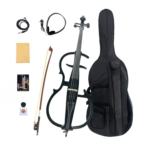 WUQIMUSC Electric Cello 4/4 full size, Solid Wood, Ebony Fittings, Silent Student Cello Electric for Beginners and Professionals, with Cello Bag, Bow, Earphone, Rosin, Aux Cable (Black, 4 String)
