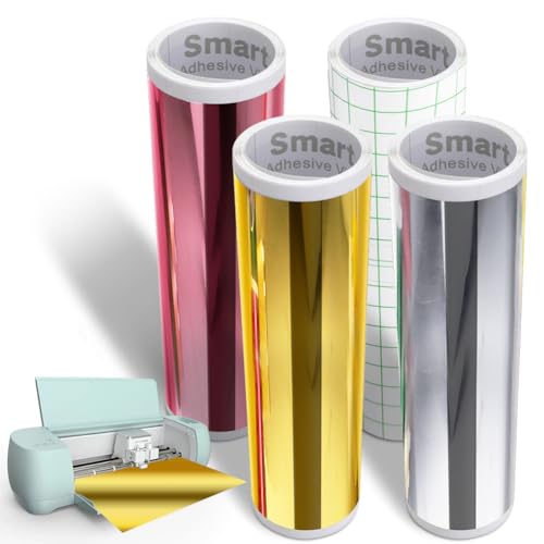 4 Rollen Smart Vinyl Permanent für Cricut Explore 3/Maker 3, Smart Adhesive Vinyl Permanent Metallic Vinyl 33x100cm Gold+Silber+Roségold+Transferfolie Selbstklebend Vinyl für DIY Tassen Autos Banner