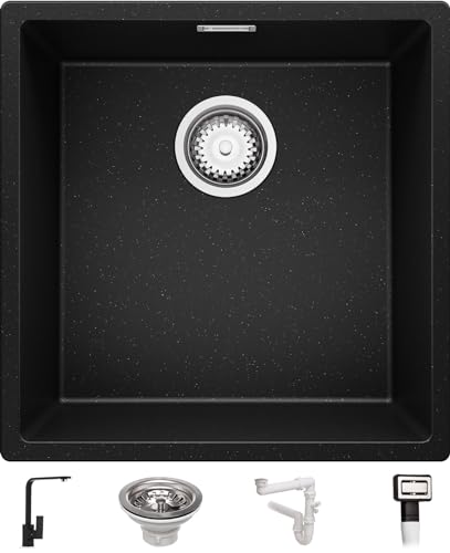 Unterbauspüle Granit Schwarz Metallic 46x47cm, Spülbecken 1 Becken + Ablauf-Set + Küchenarmatur, Granitspüle ab 50er Unterschrank - London von Primagran