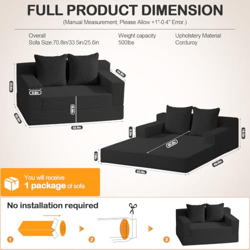 Erament Loveseat Boneless Convertible Sofa Bed, Folding Floor Futon Sleeper Sofa Couch Bed- Boneless Foldable Couch, Corduroy Pull Out Sofa Bed with 2 Pillows for Living Room & Bedroom - Image 2