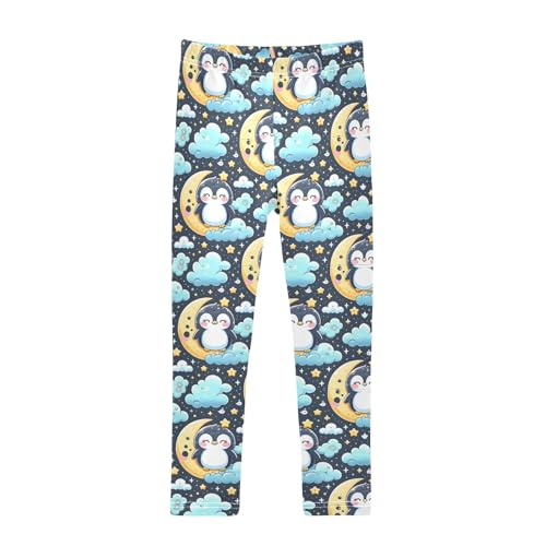 Cute Penguin on Moon and Star Girls Leggings Kids Yoga Pants Athletic Tights Pants 4-10 Years