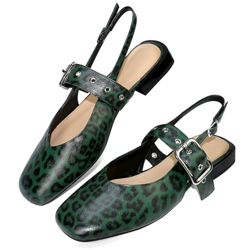 Womens Mary Jane Low Block Heels Closed Square Toe Slingback Ankle Strap Pumps Leopard Printed Party Dress Shoes2