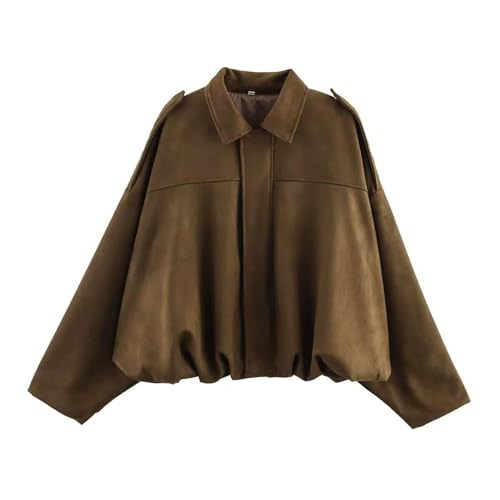 Brown Women's Bomber Jacket Pilot Bomber Jackets Long Sleeve Oversized Streetwear - Faux Suede, Batwing Sleeves, Full Zipper & Buckle Closure S