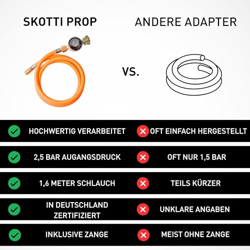 SKOTTI Prop, EN 417 Gaskartuschen kompatibel, Gasflaschenanschlussset für SKOTTI Grill und Campingkocher, für große Gasflasche 5kg und 11kg, ideal für Camping & Outdoorkocher, 165cm länge