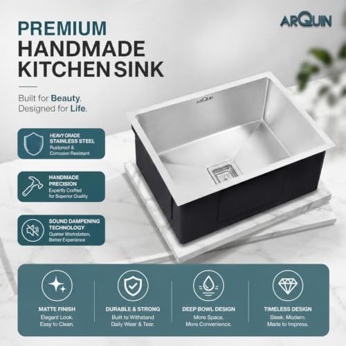 Image of ARQUIN Kitchen Sink 27x18x10 Inch Handmade Single Bowl Premium Heavy Stainless Steel Sink | Matt Finish Sink for Kitchen Basin | Including Coupling, Waste Pipe, Fruit Basket